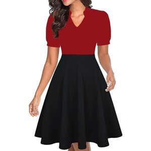Women Red+black Short Puff Sleeve Flare Semi-Formal Summer Dress With Pockets